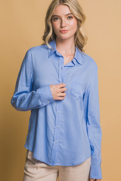 Lt.Blue Roll-Up Sleeve Linen-Blend Shirt
