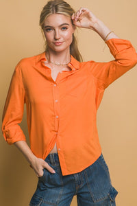Orange Roll-Up Sleeve Linen-Blend Shirt