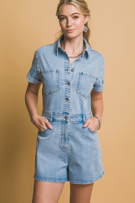 Lt.Blue Denim Button Down Romper