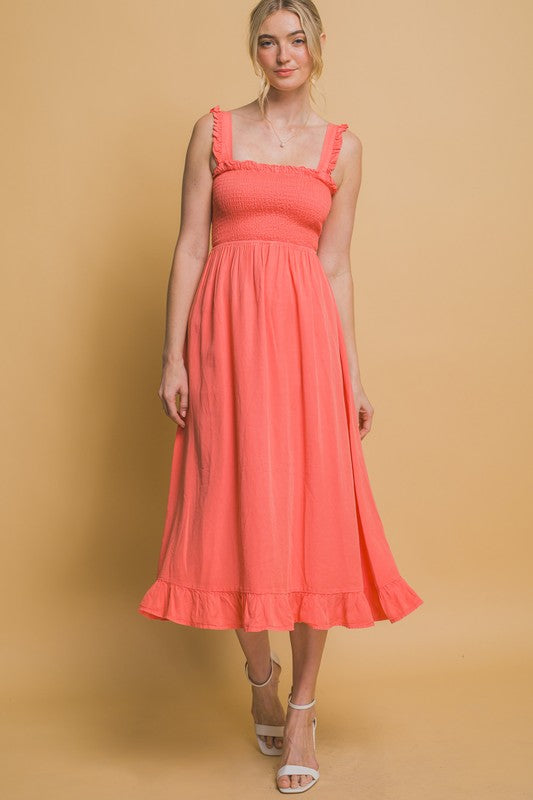 Sunset Coral Smocked Maxi Dress