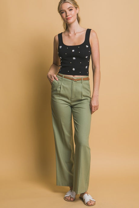 Lt.Olive Belted Linen Pants