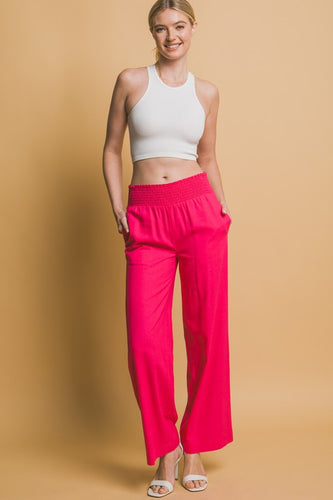 Fuchsia Shirred Waist Linen Pants