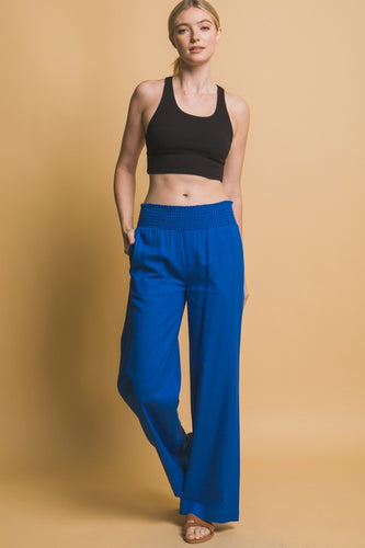 Navy Shirred Waist Linen Pants
