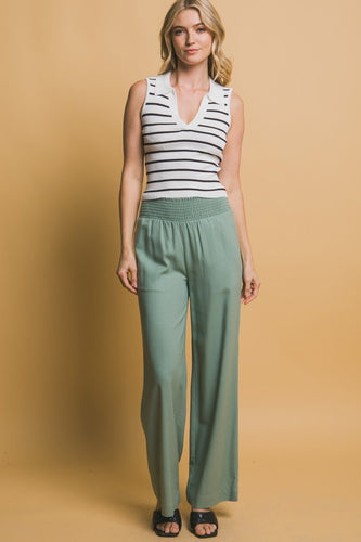 Lt.Olive Shirred Waist Linen Pants