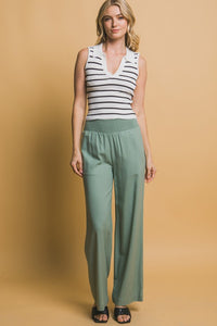 Lt.Olive Shirred Waist Linen Pants