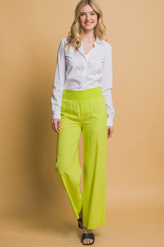 Lime Shirred Waist Linen Pants