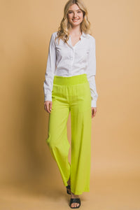 Lime Shirred Waist Linen Pants