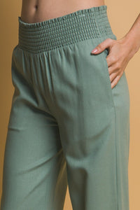 Lt.Olive Shirred Waist Linen Pants