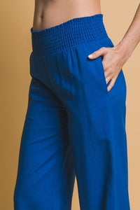 Cobalt Shirred Waist Linen Pants