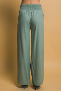 Lt.Olive Shirred Waist Linen Pants