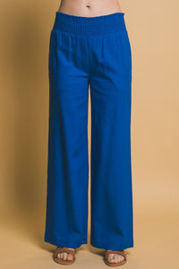 Cobalt Shirred Waist Linen Pants
