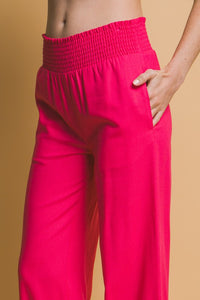Fuchsia Shirred Waist Linen Pants