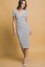 White Striped V Neck Midi Dress