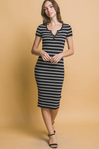 Black Striped V Neck Midi Dress