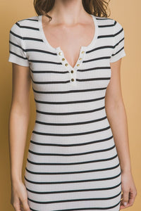 White Striped V Neck Midi Dress