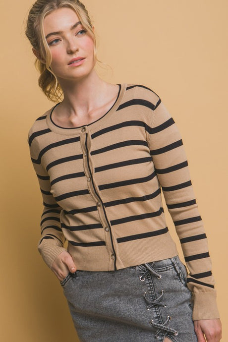 Khaki Stripe Round Neck Cardigan
