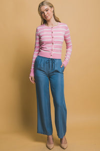 Pink Stripe Round Neck Cardigan