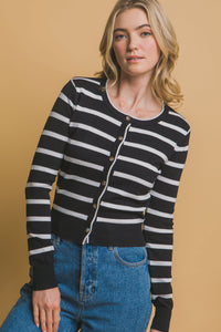 Black Stripe Round Neck Cardigan