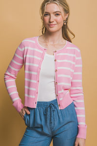 Pink Stripe Round Neck Cardigan