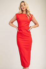 Red Round Neck Waist Pleated Midi Dress