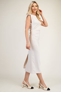 Cream Round Neck Waist Pleated Midi Dress