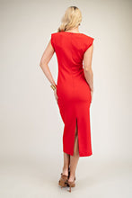 Red Round Neck Waist Pleated Midi Dress