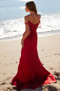 Red Fringed Off Shoulder Bead Sequin Embellished Dress