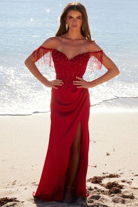 Red Fringed Off Shoulder Bead Sequin Embellished Dress