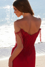 Red Fringed Off Shoulder Bead Sequin Embellished Dress
