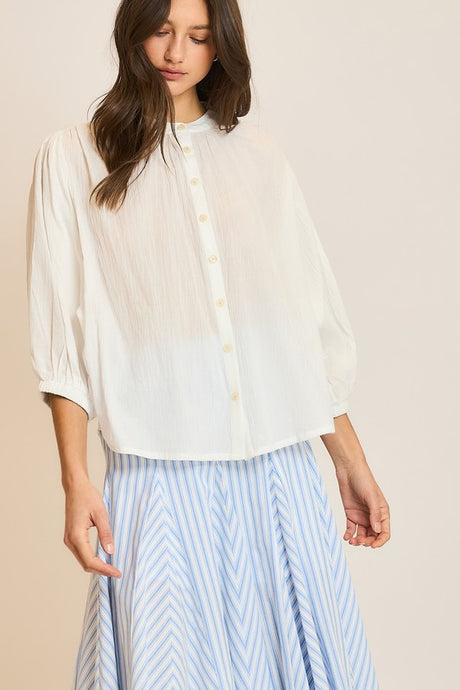 Off White Cotton Button-Up Peasant Blouse