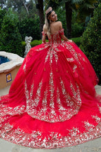 Red Sheer Bodice Floral Embroidery Embellished Glitter Mesh Quinceanera Dress
