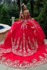 Red Sheer Bodice Floral Embroidery Embellished Glitter Mesh Quinceanera Dress