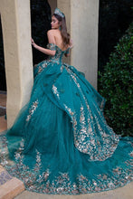 Green Sheer Bodice Floral Embroidery Embellished Glitter Mesh Quinceanera Dress