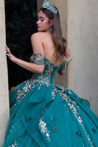 Green Sheer Bodice Floral Embroidery Embellished Glitter Mesh Quinceanera Dress
