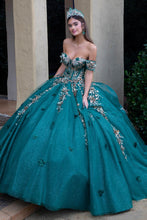 Green Sheer Bodice Floral Embroidery Embellished Glitter Mesh Quinceanera Dress