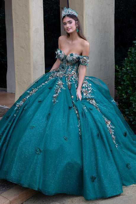 Green Sheer Bodice Floral Embroidery Embellished Glitter Mesh Quinceanera Dress