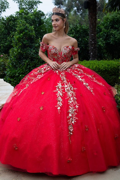 Red Sheer Bodice Floral Embroidery Embellished Glitter Mesh Quinceanera Dress
