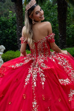 Red Sheer Bodice Floral Embroidery Embellished Glitter Mesh Quinceanera Dress