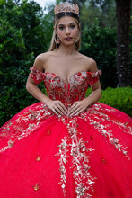 Red Sheer Bodice Floral Embroidery Embellished Glitter Mesh Quinceanera Dress