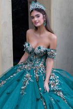 Green Sheer Bodice Floral Embroidery Embellished Glitter Mesh Quinceanera Dress