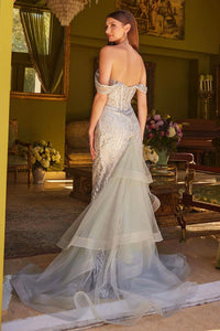 Silver Embellished Off-Shoulder Bejeweled Corset Glitter Pattern Dress