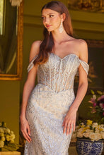 Silver Embellished Off-Shoulder Bejeweled Corset Glitter Pattern Dress