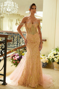Rose Gold Embellished Off-Shoulder Bejeweled Corset Glitter Pattern Dress