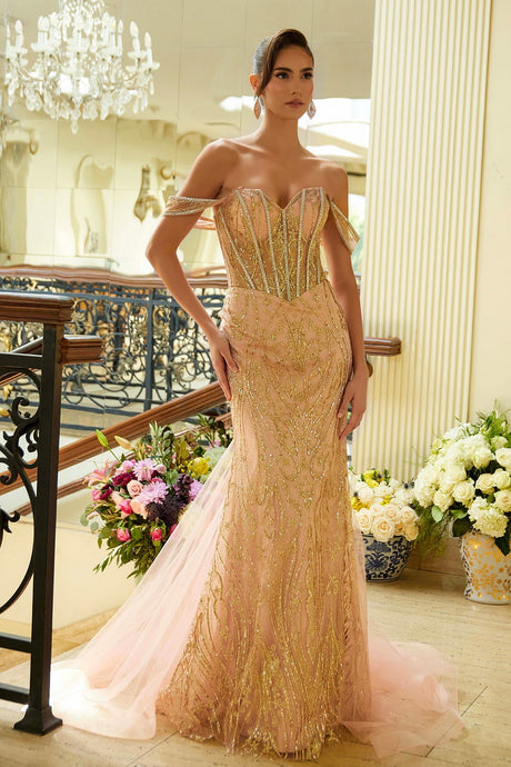 Rose Gold Embellished Off-Shoulder Bejeweled Corset Glitter Pattern Dress