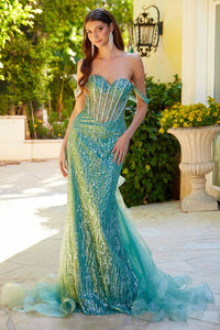 Sage Embellished Off-Shoulder Bejeweled Corset Glitter Pattern Dress