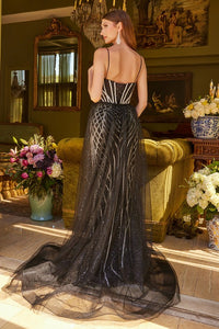 Black Spaghetti Strap Lace-Up Back Bejeweled Dress