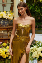 Gold Sweetheart Ruched Bodice Fitted Shiny Satin Gown With Leg Slit