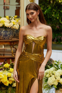 Gold Sweetheart Ruched Bodice Fitted Shiny Satin Gown With Leg Slit