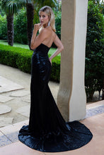 Black Sweetheart Ruched Bodice Fitted Shiny Satin Gown With Leg Slit