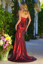Burgundy Sweetheart Ruched Bodice Fitted Shiny Satin Gown With Leg Slit
